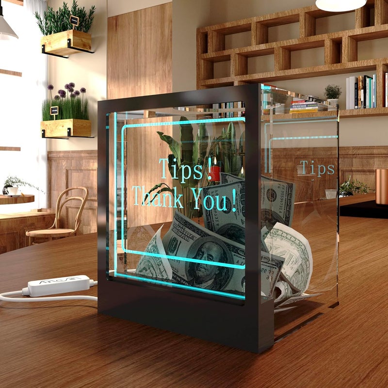 HEMYLU Light Up Tip Jar with Large Opening, RGB LED Lights for Tip Collection & Donations, Customizable Message Slide for Money, Voting, and Ballots, Perfect for Events, Restaurants, and Fundraisers - Image 3